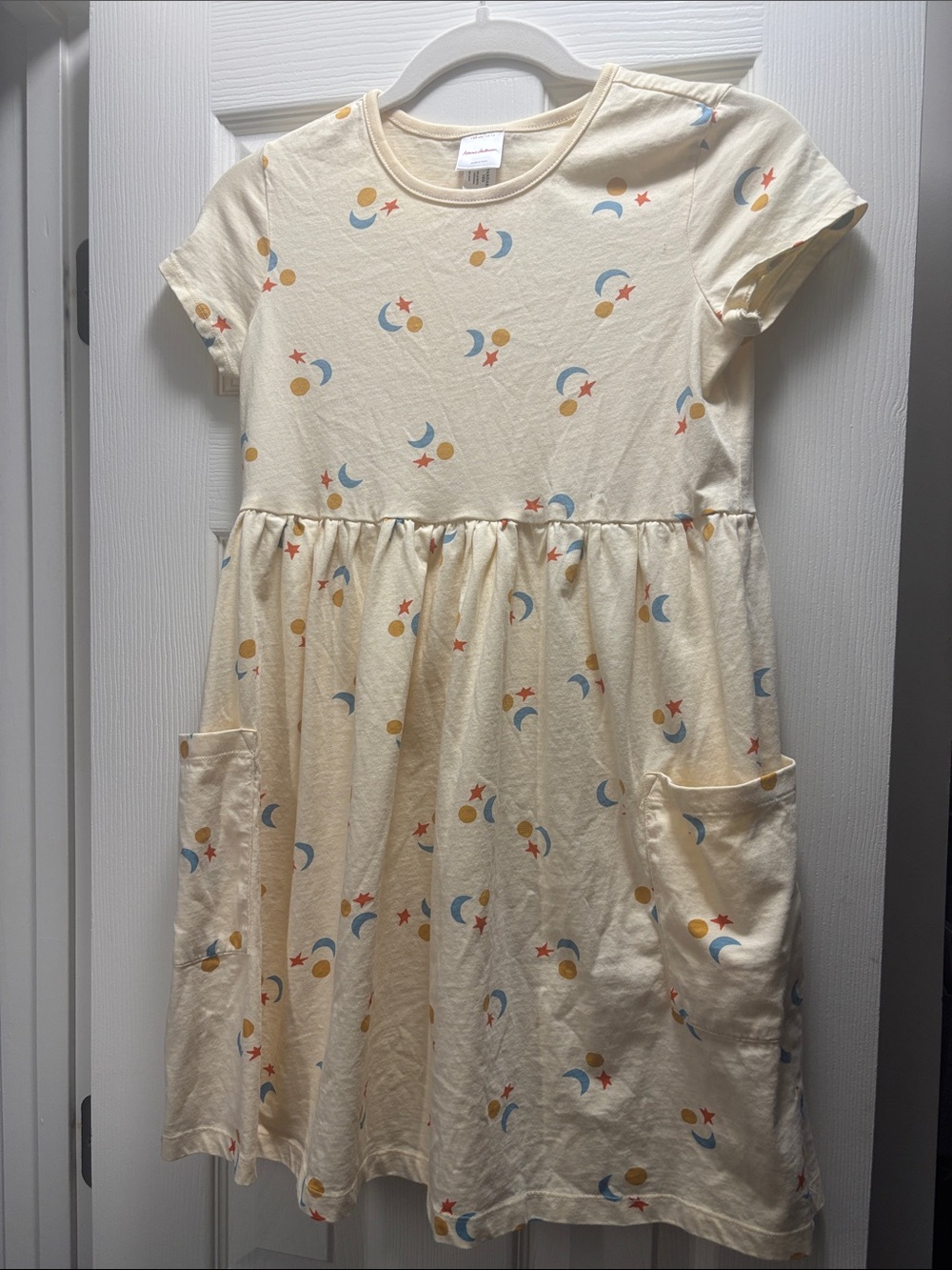 Hanna Andersson Cream Moon & Star Pocket Dress with Blue and Orange Accents